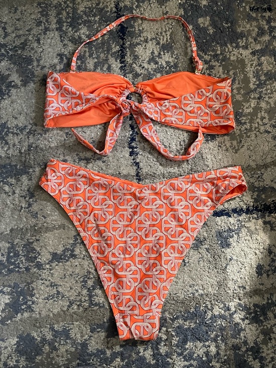 Monday Swimwear Orange Geo Chain Bathing Suit Set Size 12-14 - Picture 7 of 12